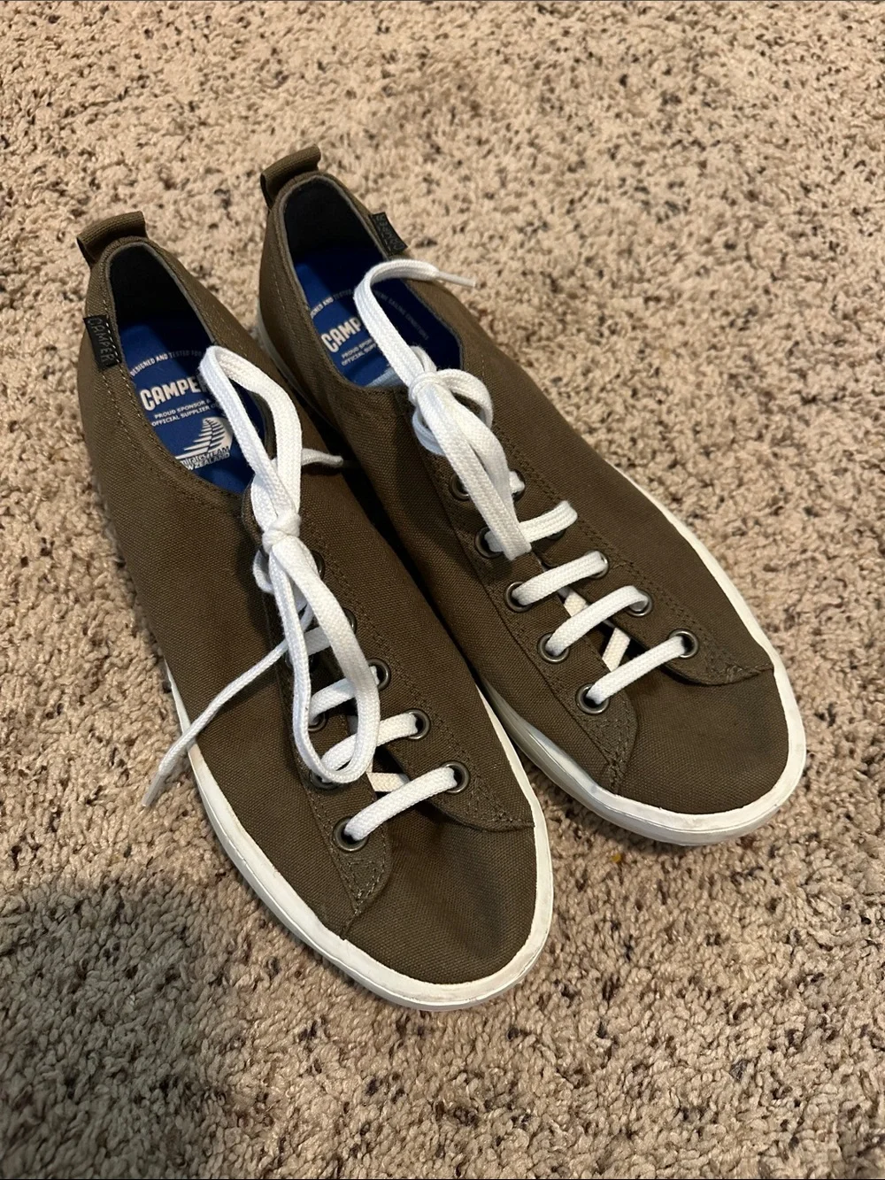 Camper Men's Olive Canvas Low-Top Sneakers with White Laces size 43 (10.5-11)